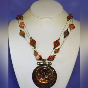 Chico's Mottled Glass Bead Huge Enamel Pendant Necklace